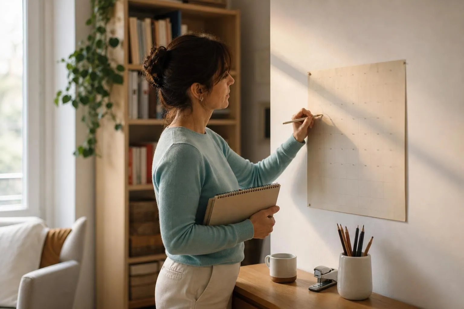 Femme d’environ quarante huit ans debout devant un calendrier mural en papier, entourant une date au crayon dans une pièce claire