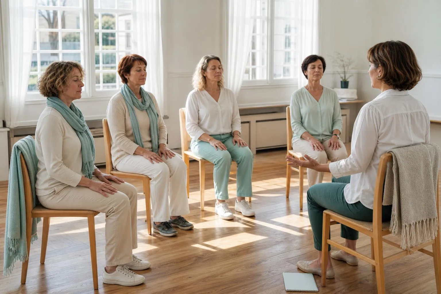 Quatre femmes de quarante à soixante ans assises en demi cercle sur des chaises claires pendant un atelier collectif dans une salle lumineuse