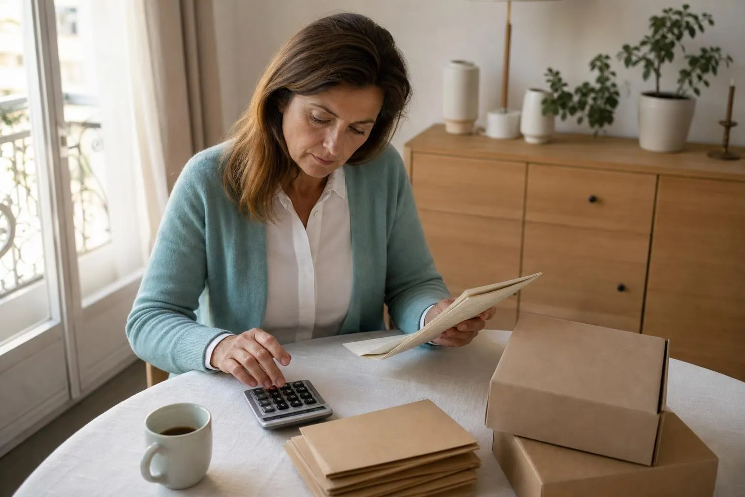 Femme d’environ cinquante deux ans attablée devant des enveloppes, une calculatrice et un carnet à colonnes, dans une salle à manger claire