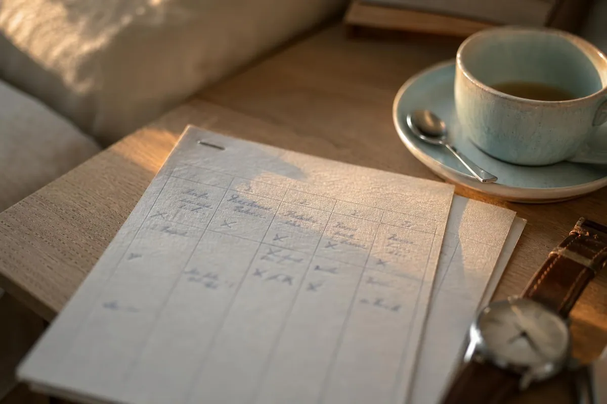 Gros plan d’un carnet de nuit en papier ivoire agrafé, colonnes tracées à la main et tasse de tisane posée sur une table en bois clair