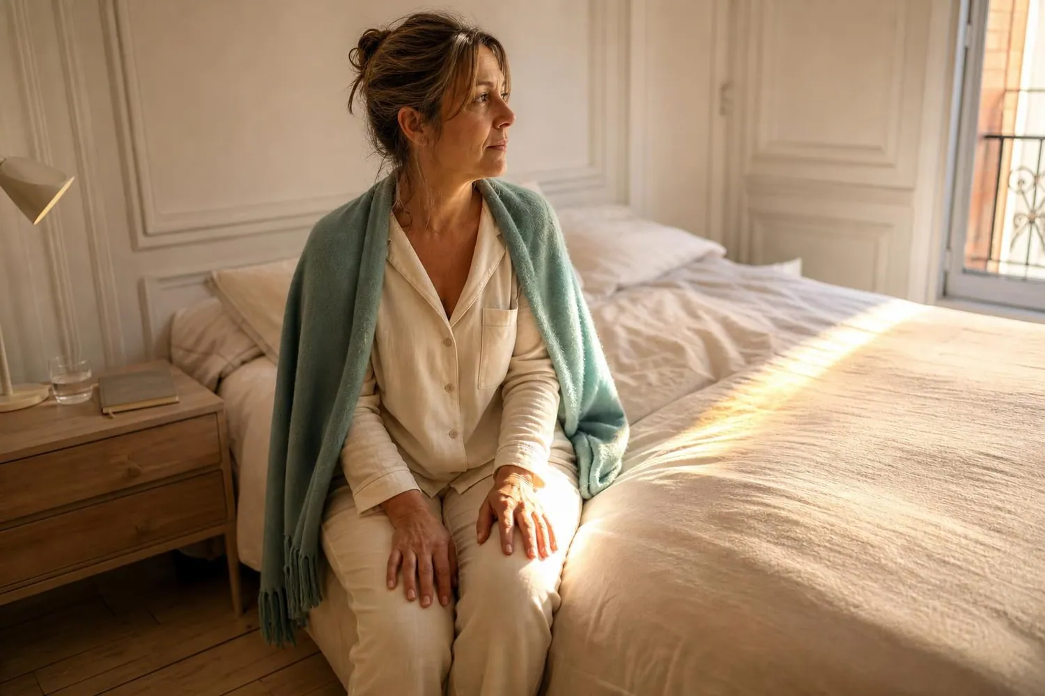 Femme d’environ cinquante ans assise au bord de son lit dans une chambre claire au petit matin, un plaid turquoise pastel sur les épaules